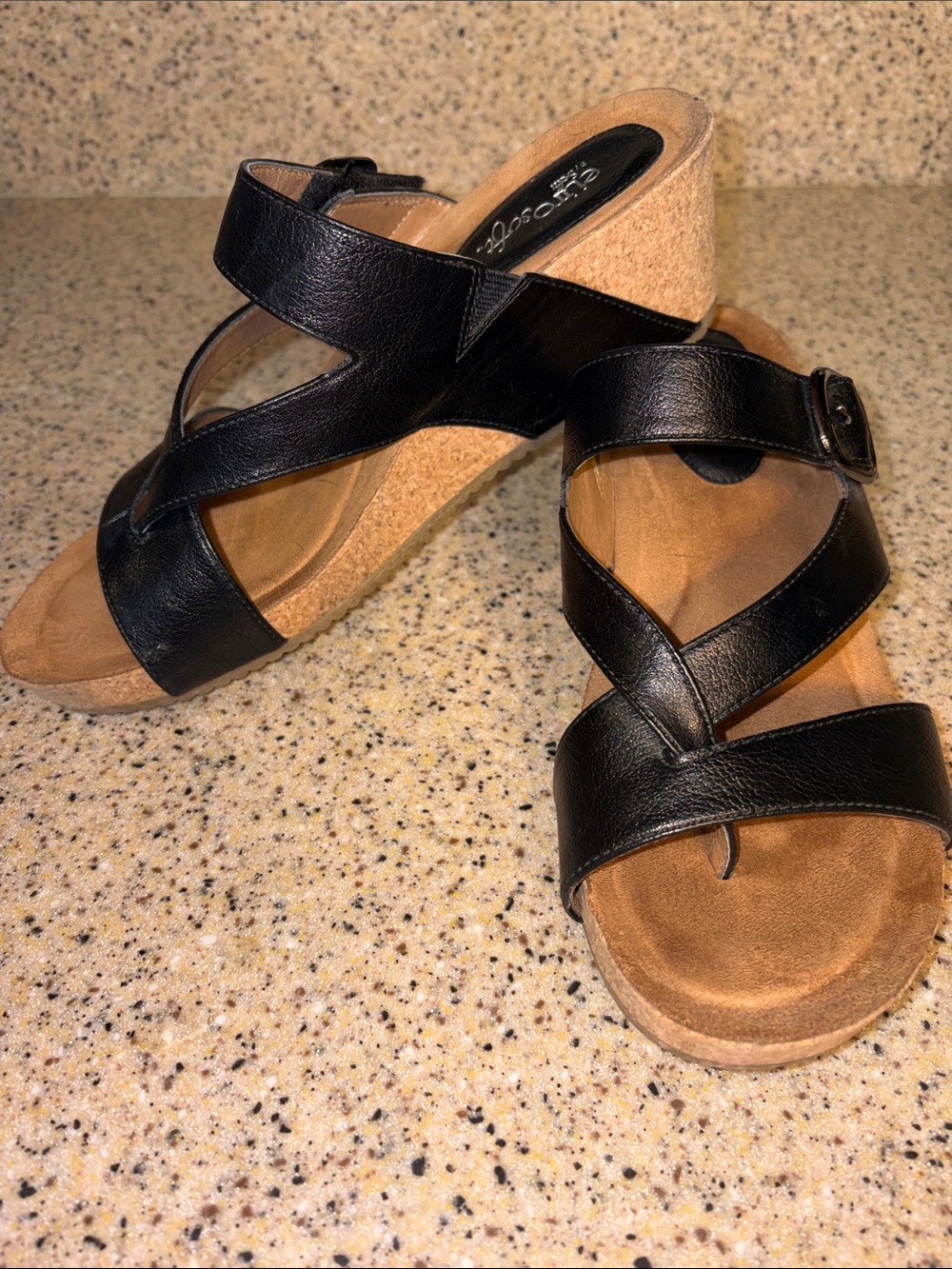 Euro Soft Women’s Black Cross-Strap Buckle Adjustable Sandal Wedges